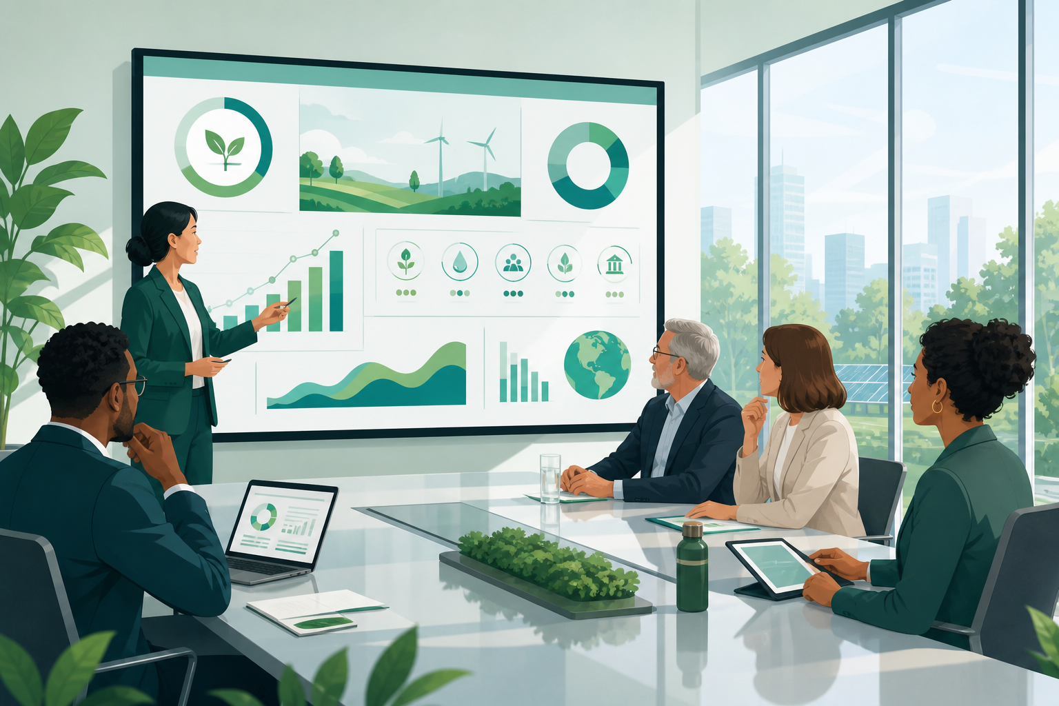 Executive team reviewing ESG KPI dashboard and board reporting metrics in a conference room