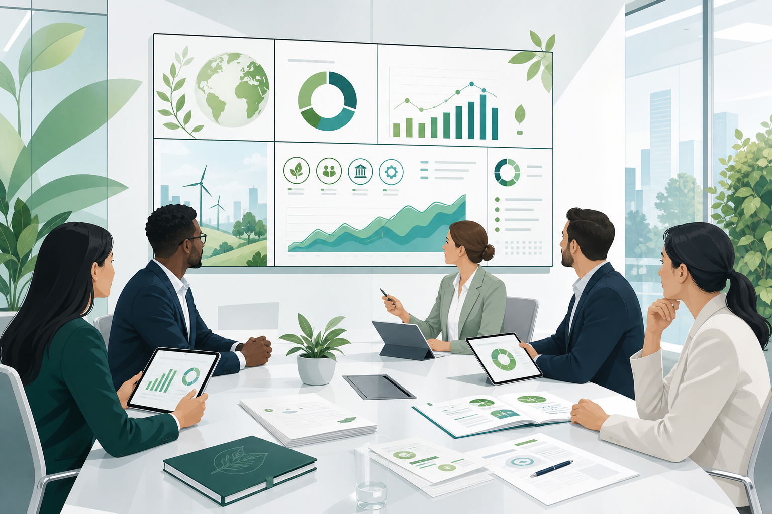 Finance and sustainability leaders reviewing KPI charts for a sustainability-linked loan decision
