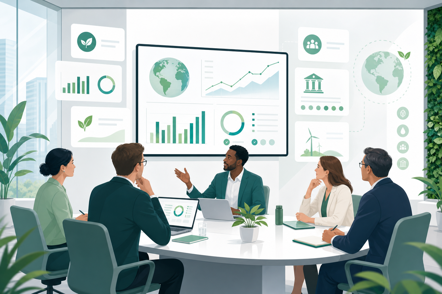 Cross-functional ESG steering committee reviewing sustainability priorities in a boardroom