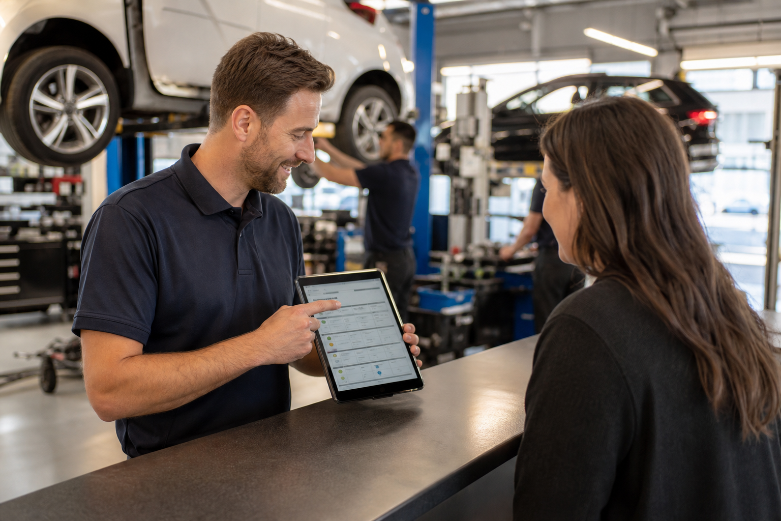 Service advisor reviewing auto repair shop estimate authorization with a customer at the front counter