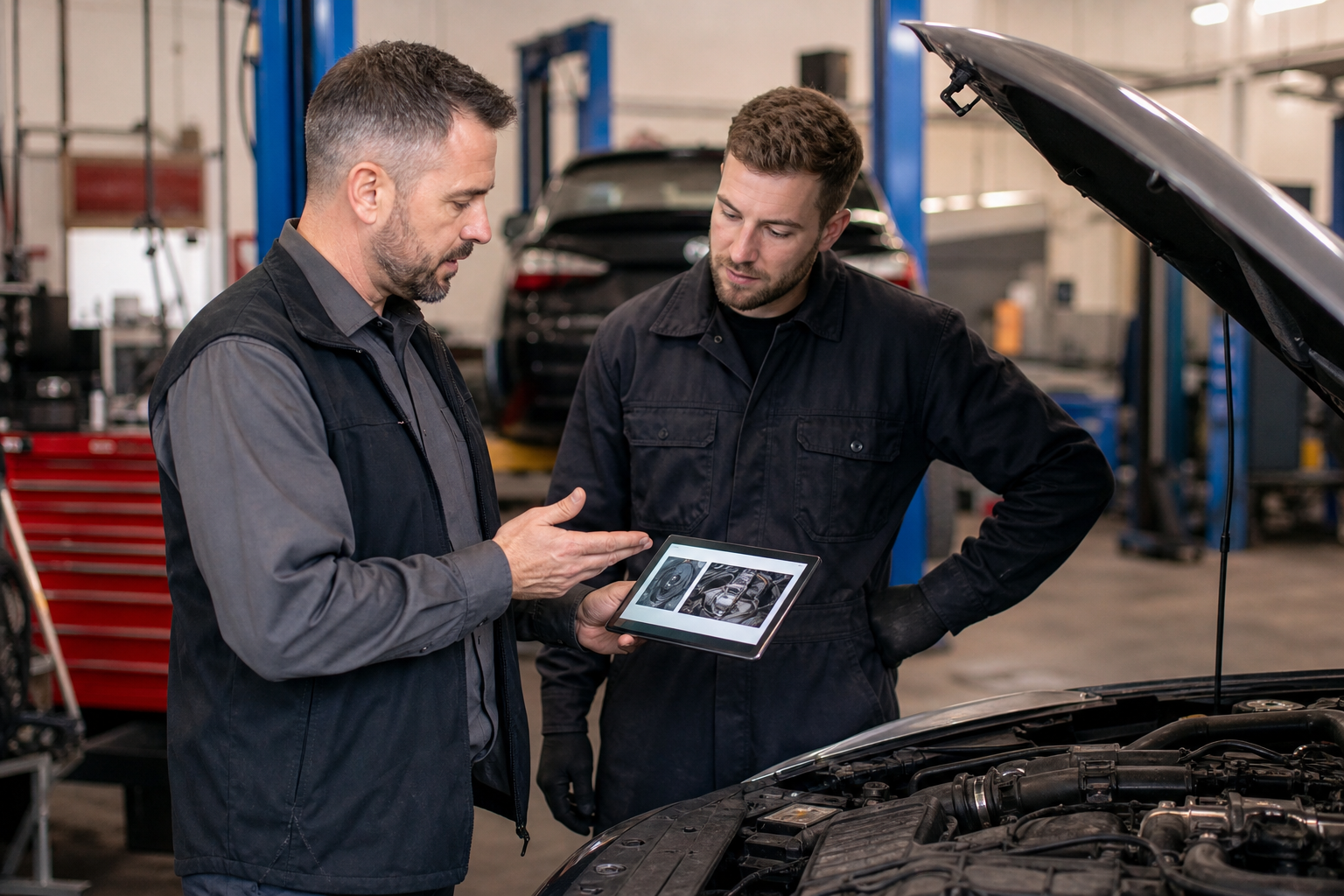 Auto repair shop technician retention in a modern service bay with technicians reviewing work on a tablet