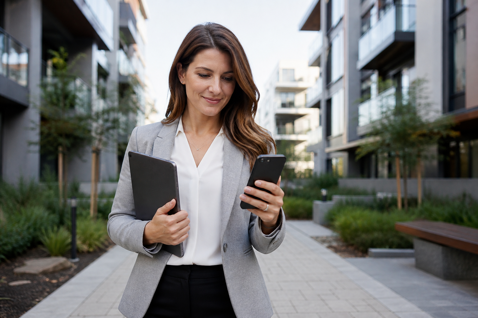 Mobile property management professional managing rentals from anywhere using a smartphone outside apartment buildings