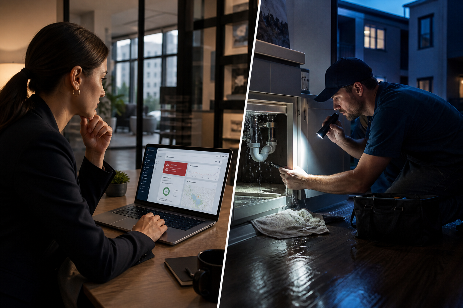 Property manager using software to coordinate emergency maintenance protocols for landlords
