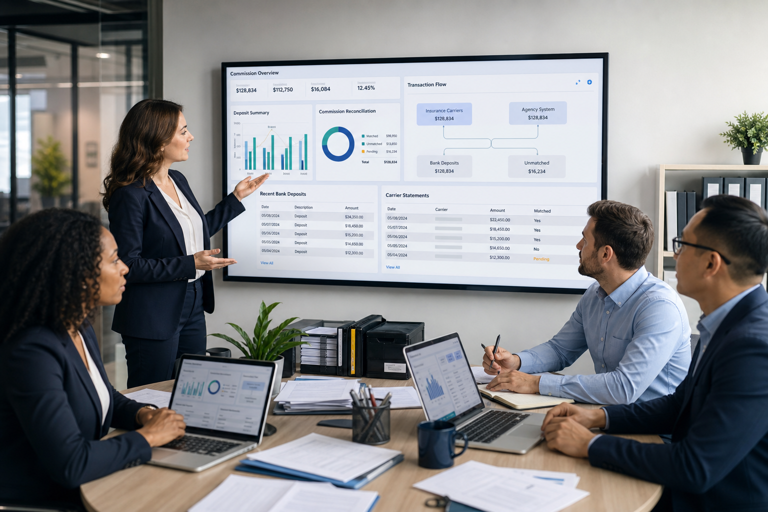 Insurance agency staff tracking unapplied carrier commissions with reconciliation software