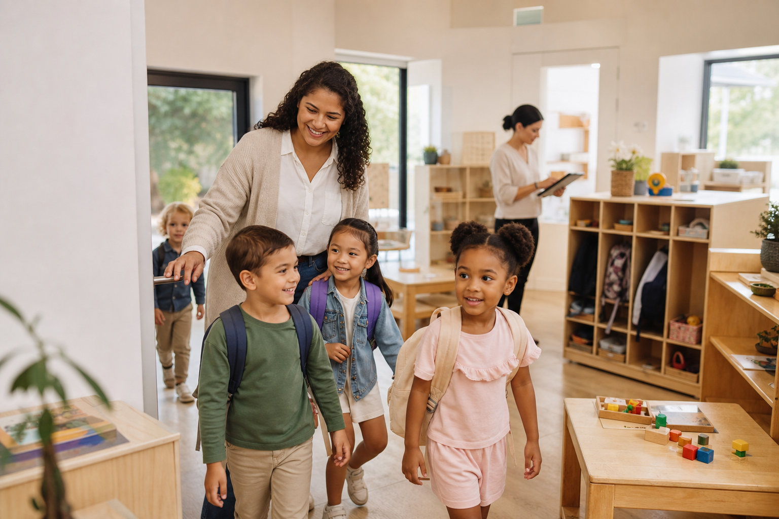 Teacher guiding preschool children into a bright classroom during a summer room transition