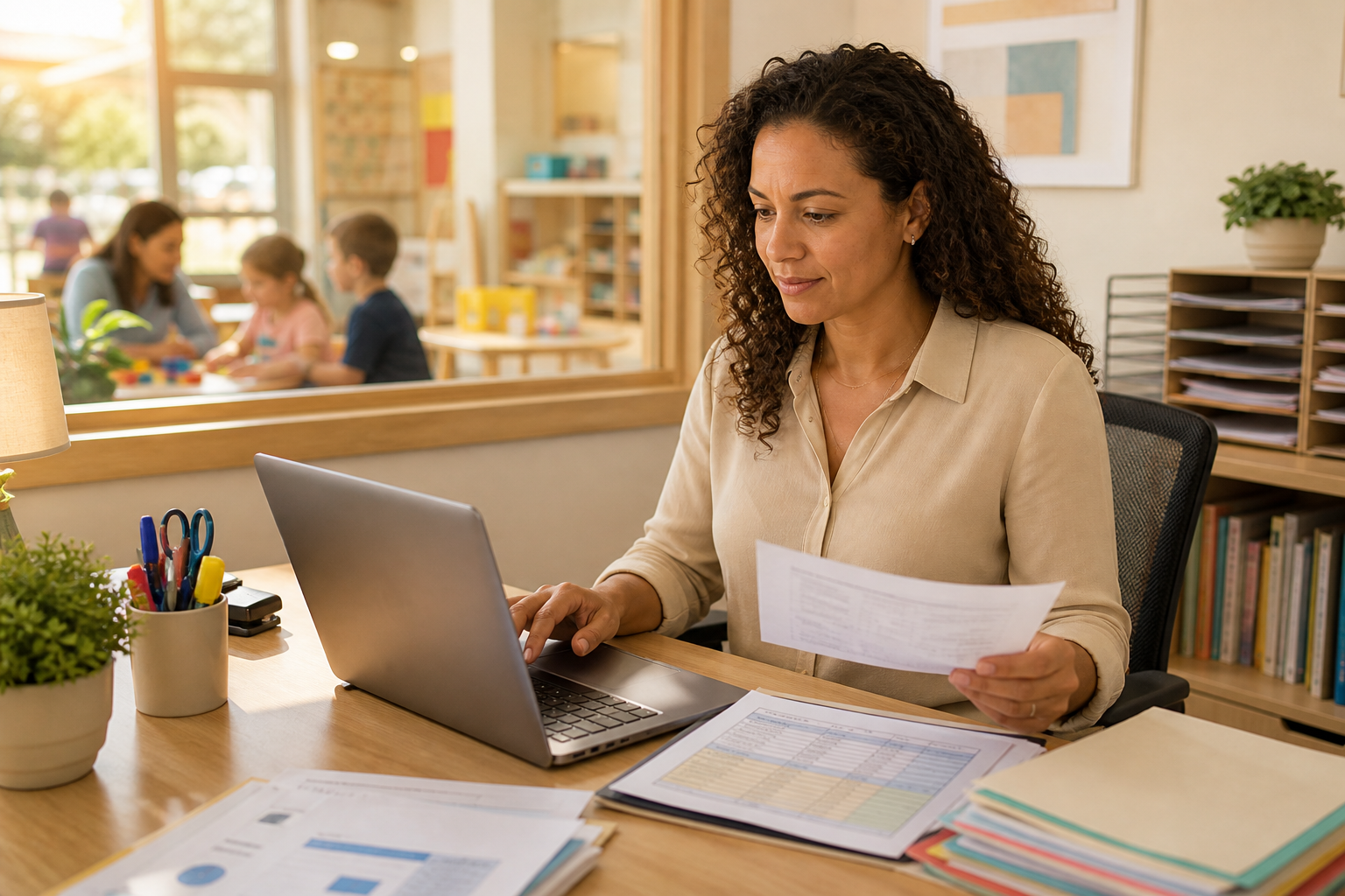 Daycare director reviewing tuition billing reports in a bright, welcoming childcare office