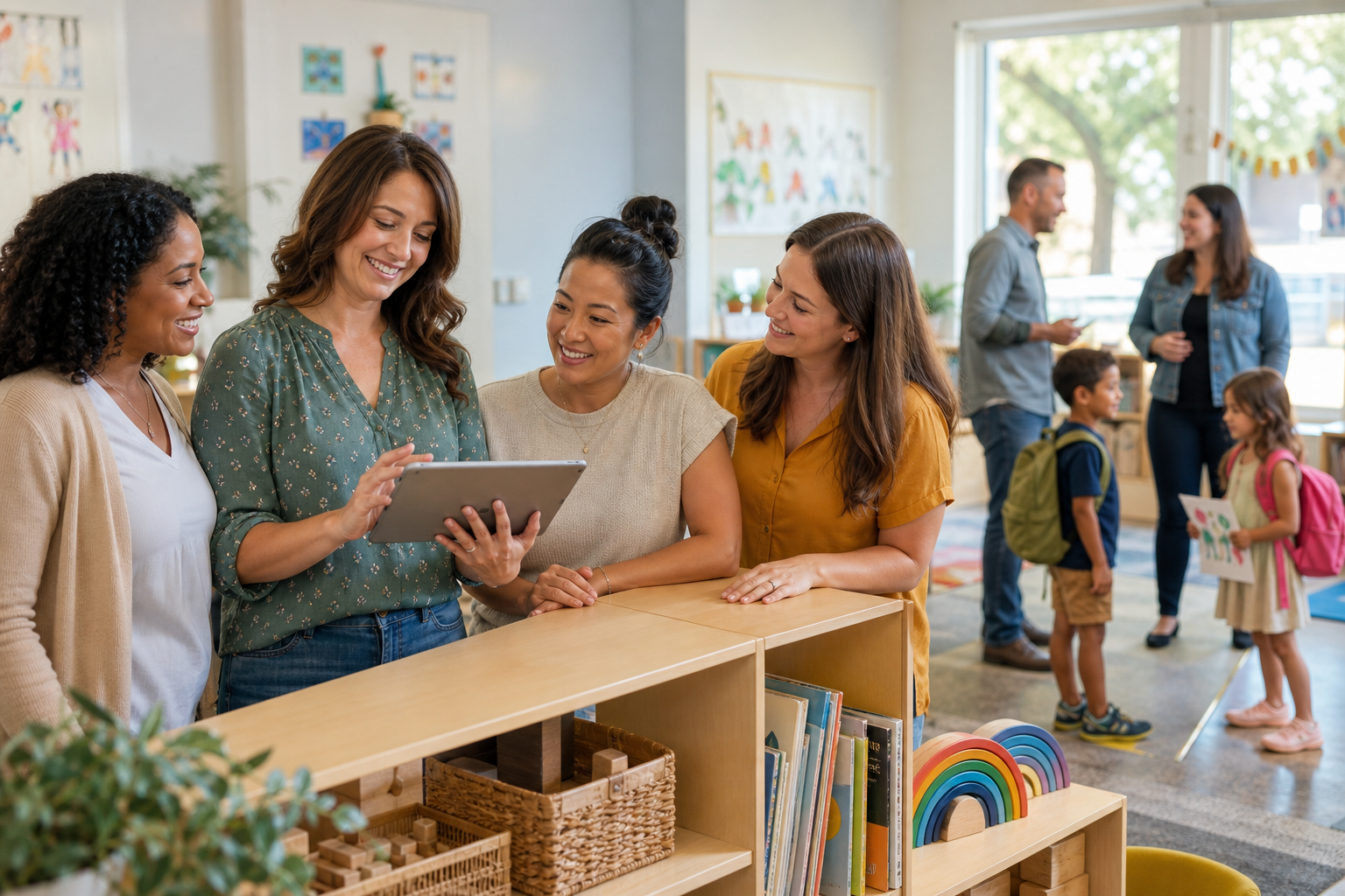Childcare director and staff coordinating summer camp updates in a bright childcare center
