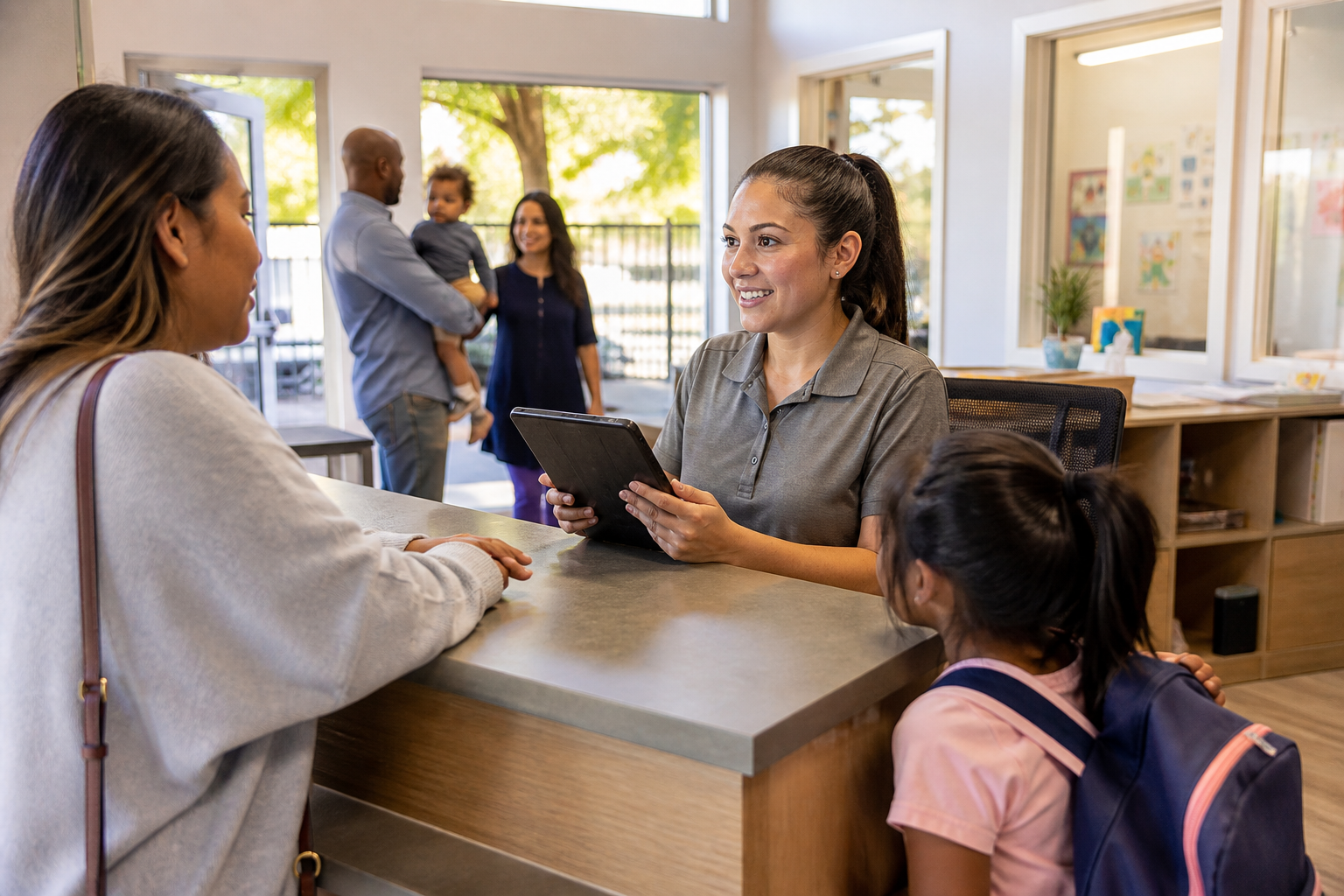 Educator verifying a pickup adult at a childcare center front desk during afternoon dismissal