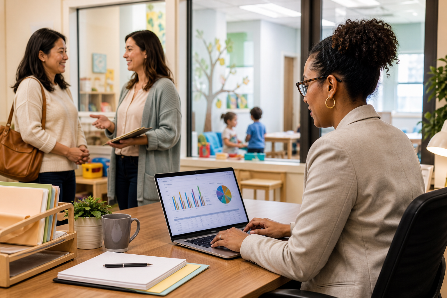 Childcare director reviewing enrollment data in a bright, welcoming center office