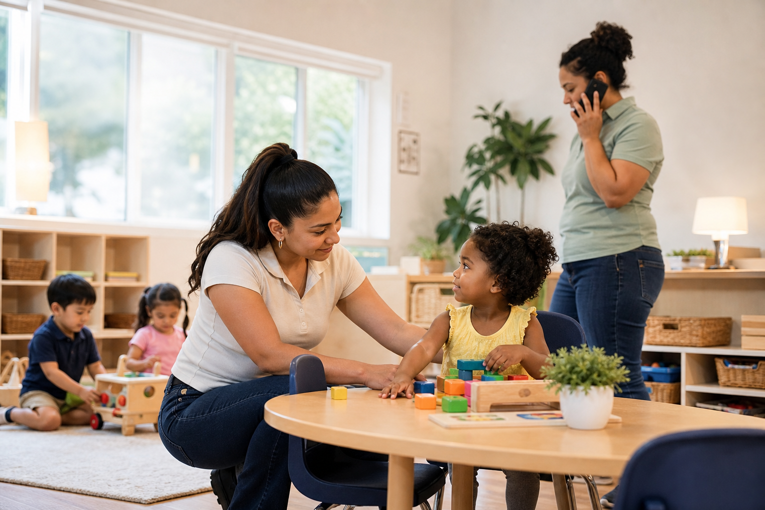 Caregiver calmly responding to a child in a bright childcare classroom