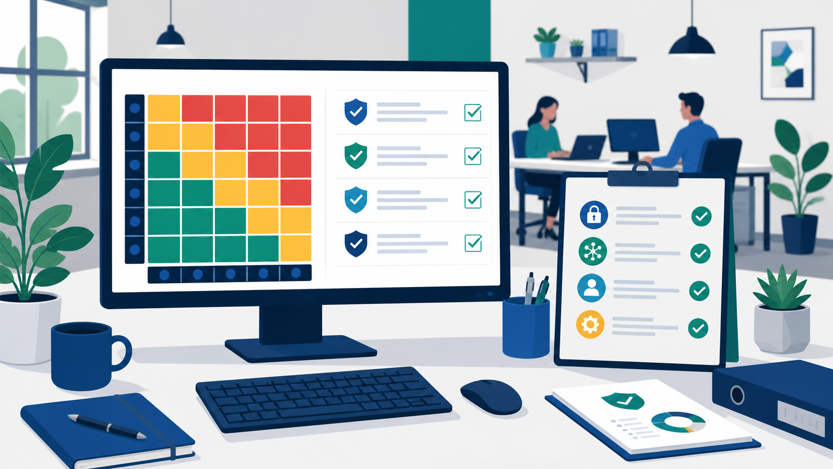 ISO 27001 risk treatment plan template displayed on a laptop with a risk matrix and security controls checklist for SMBs
