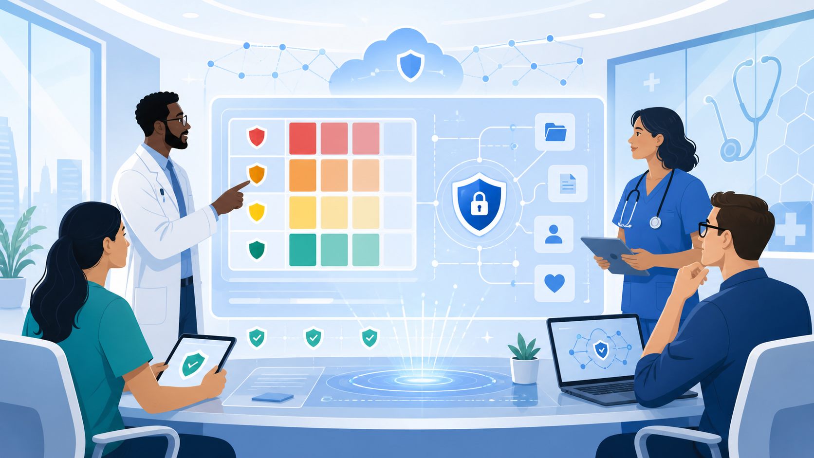 Healthcare SaaS team conducting a HIPAA risk assessment on a secure digital dashboard