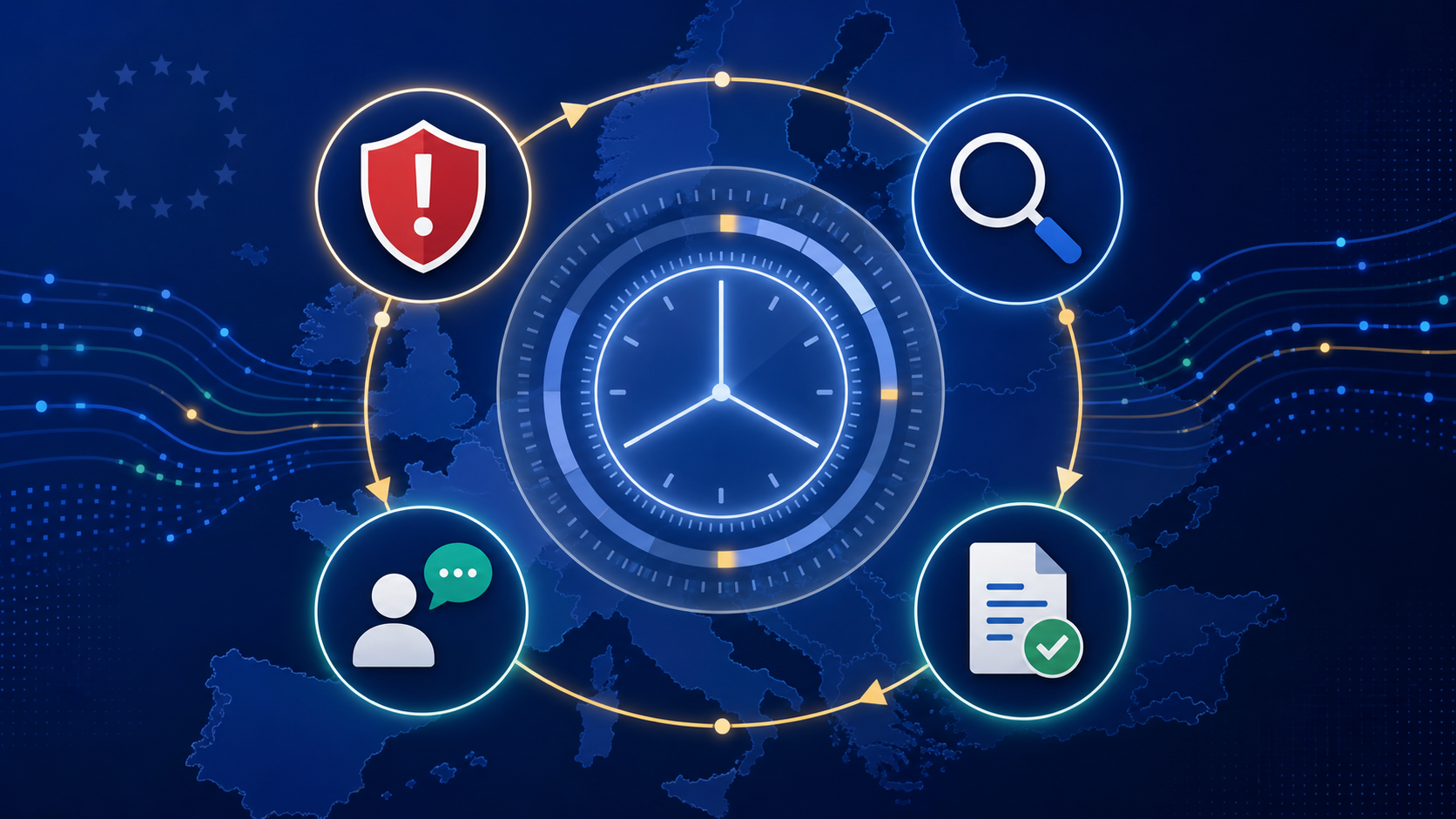 Diagram illustrating GDPR data breach notification requirements timeline with 72-hour clock and regulatory steps