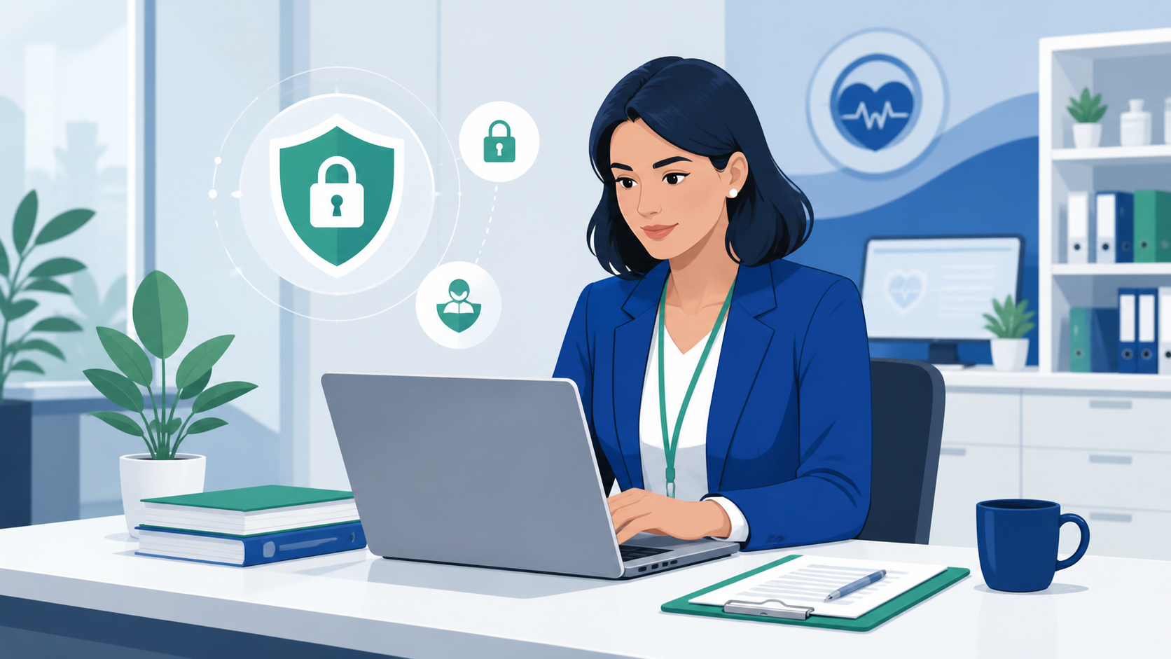 Healthcare compliance officer reviewing a HIPAA sanctions policy document on a secure laptop in a modern medical office