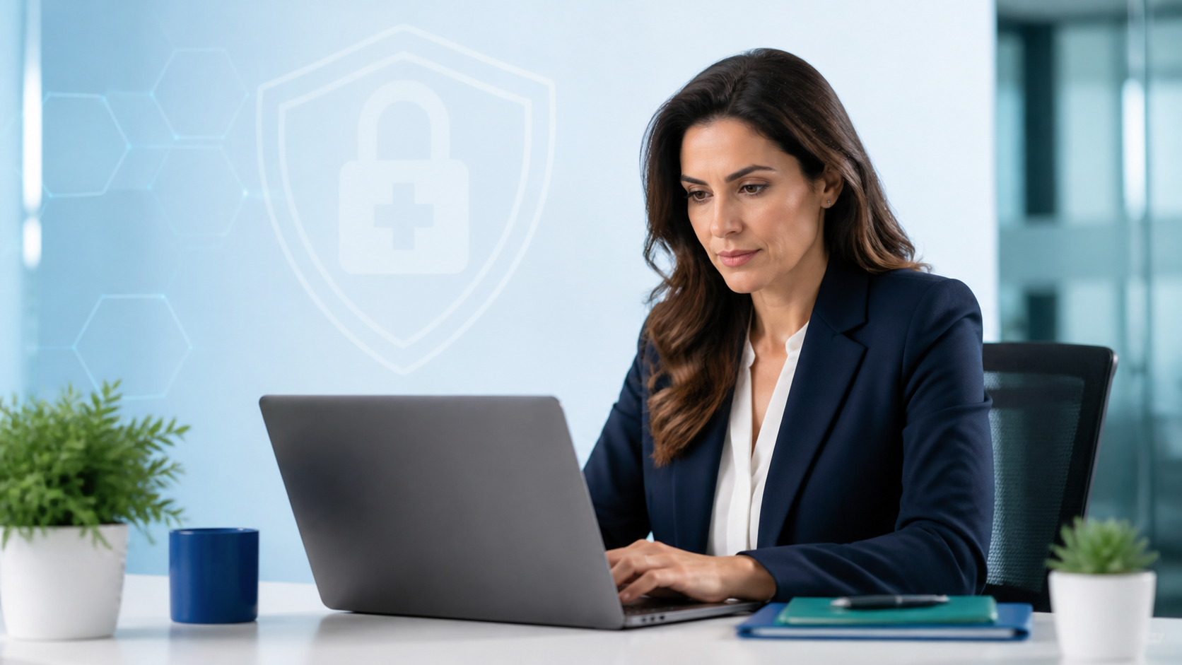 Healthcare compliance officer reviewing a HIPAA sanctions policy document on a laptop in a modern office