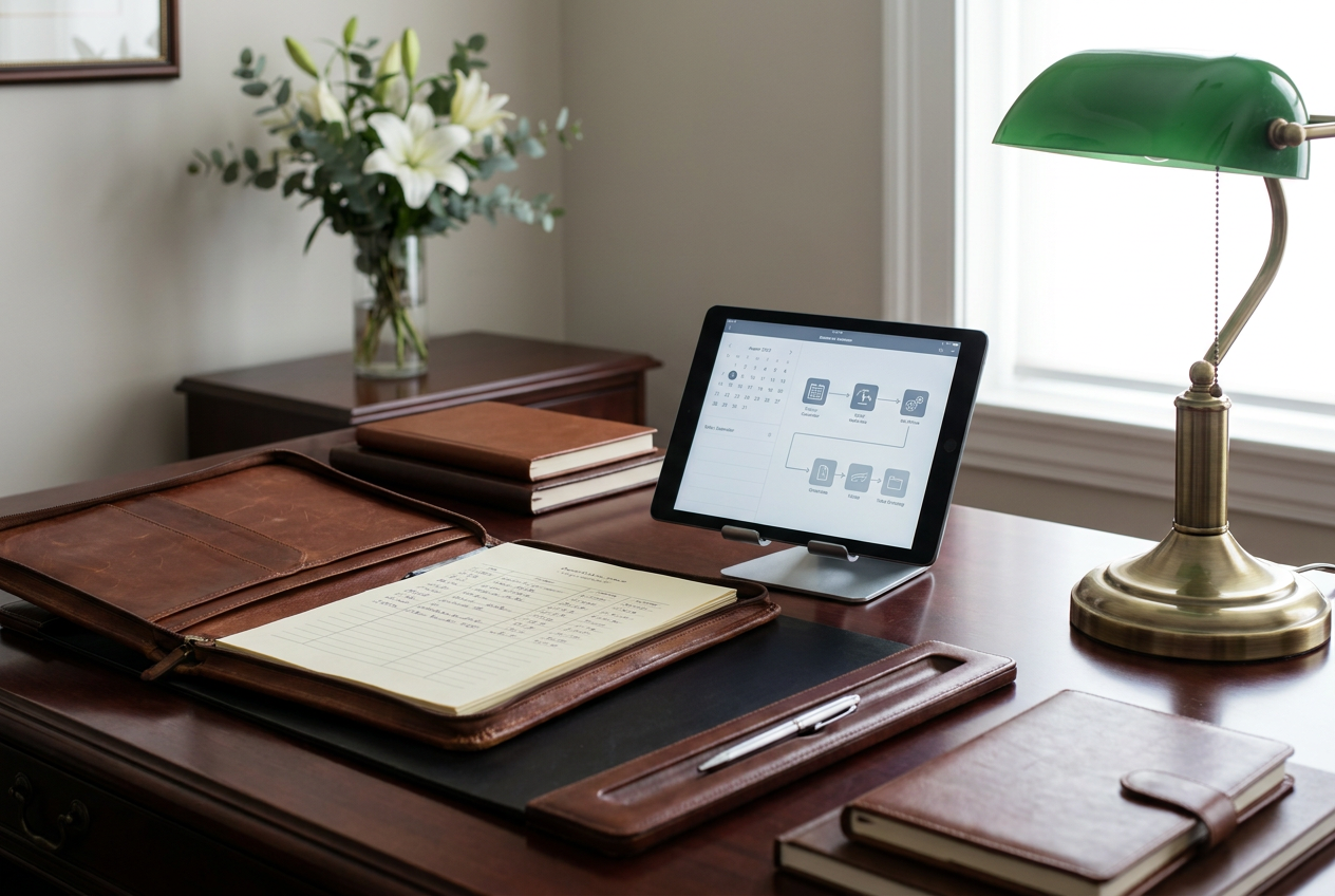 Organized funeral home case handoff workspace with checklist and scheduling tools illustrating funeral home case handoffs that prevent mistakes
