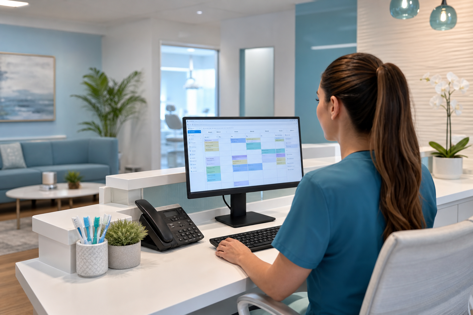 Dental front desk reviewing a cloud scheduling dashboard in a modern blue and teal office