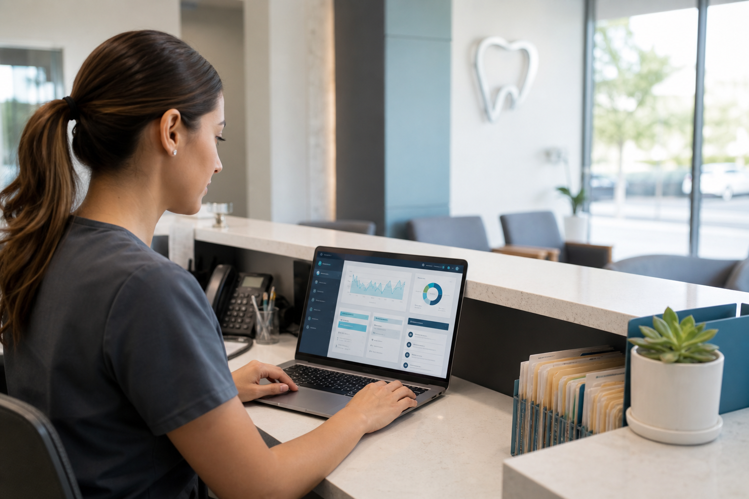 Modern dental front desk team reviewing workflow steps on a laptop in a clean office
