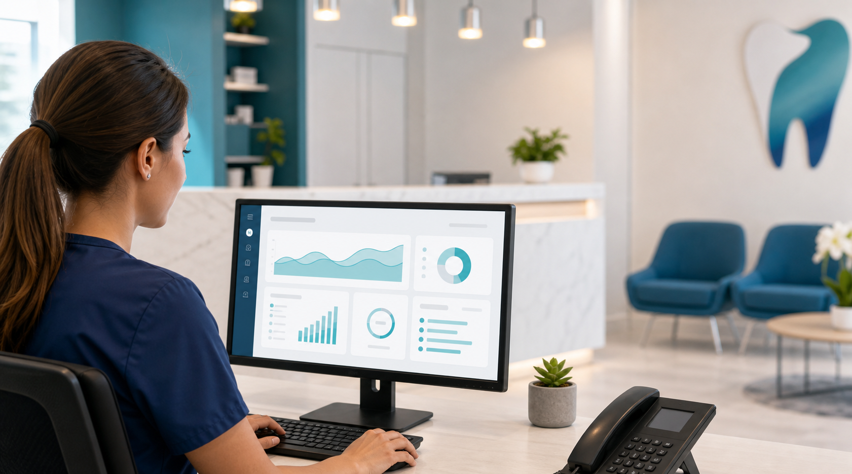 Modern dental front desk with a receptionist using cloud-based software in a clean blue and teal office