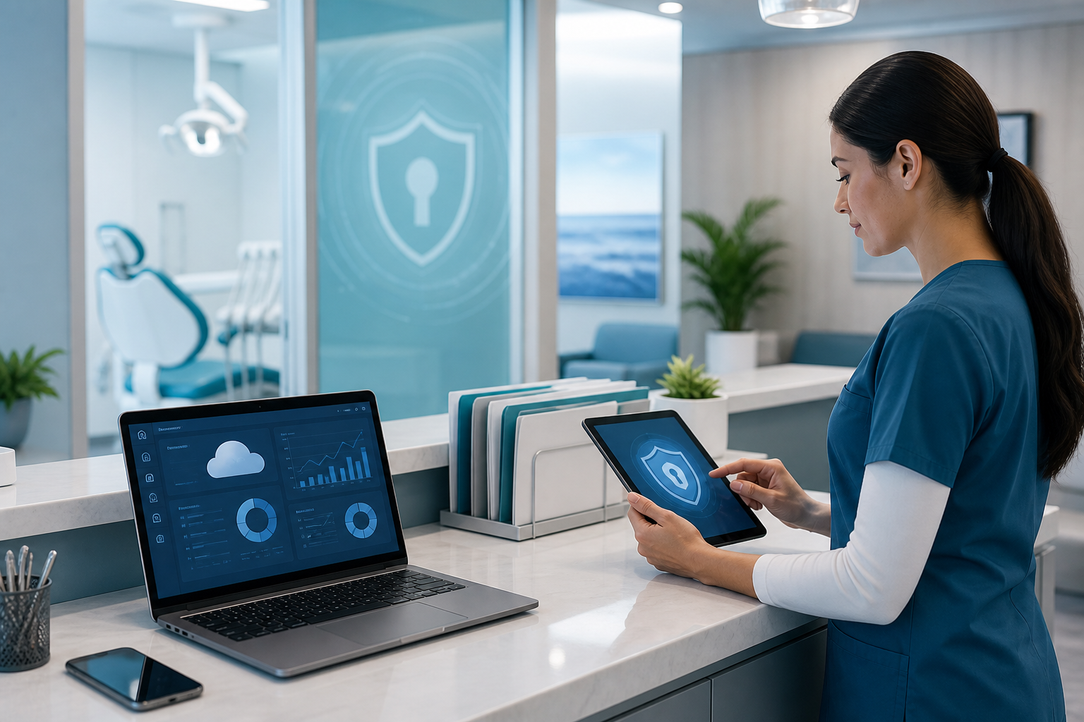 Modern dental office with laptop, tablet, and security-focused cloud software in blue and teal tones