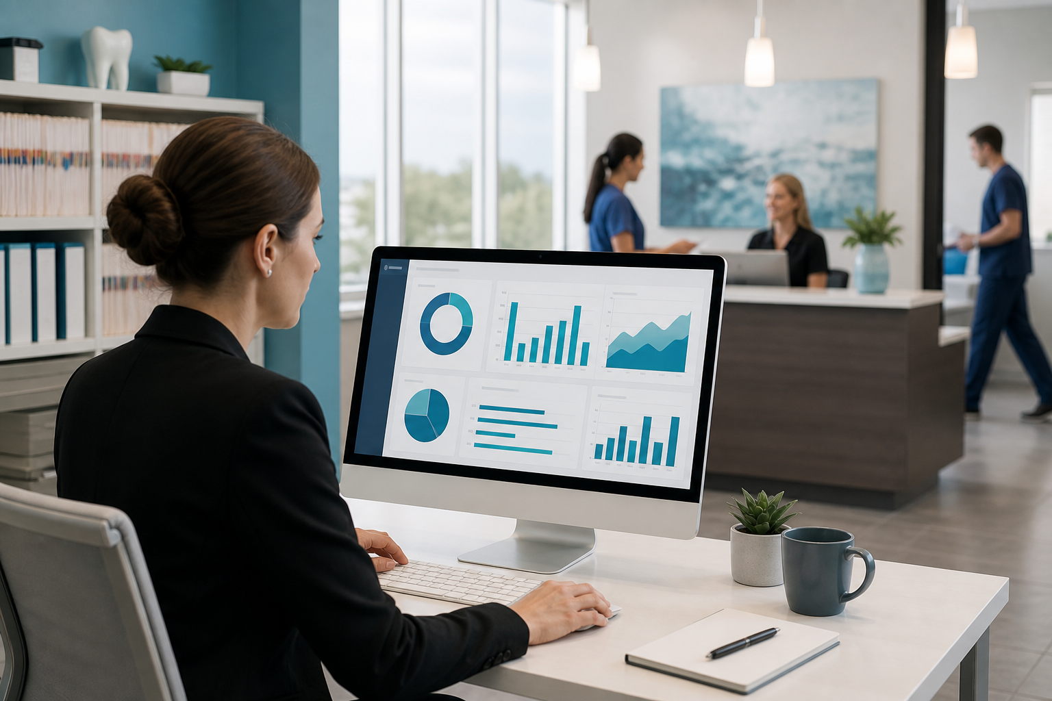 Office manager reviewing dental insurance aging data on a modern cloud dashboard
