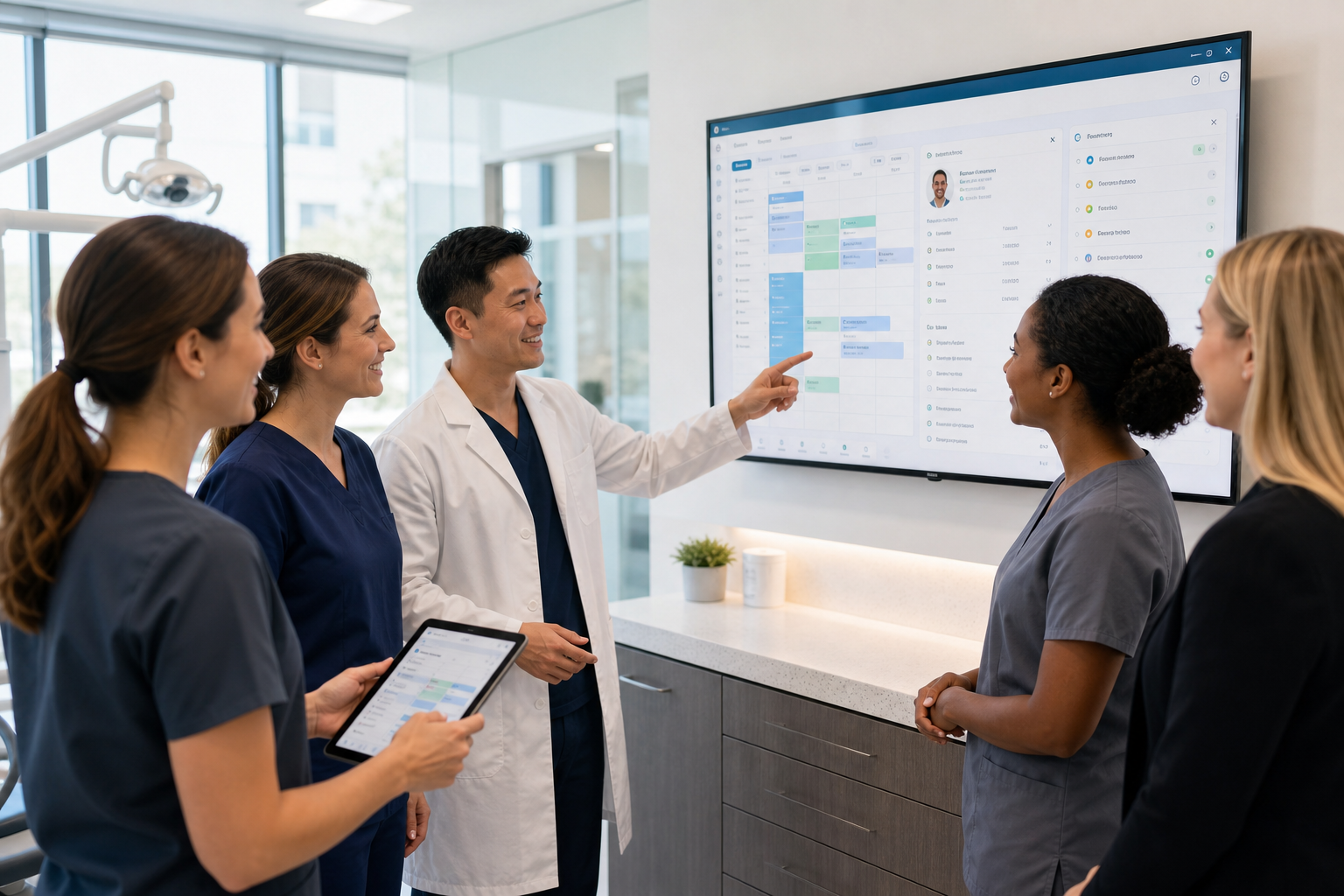 Dental team reviewing a digital schedule and tasks during a morning huddle