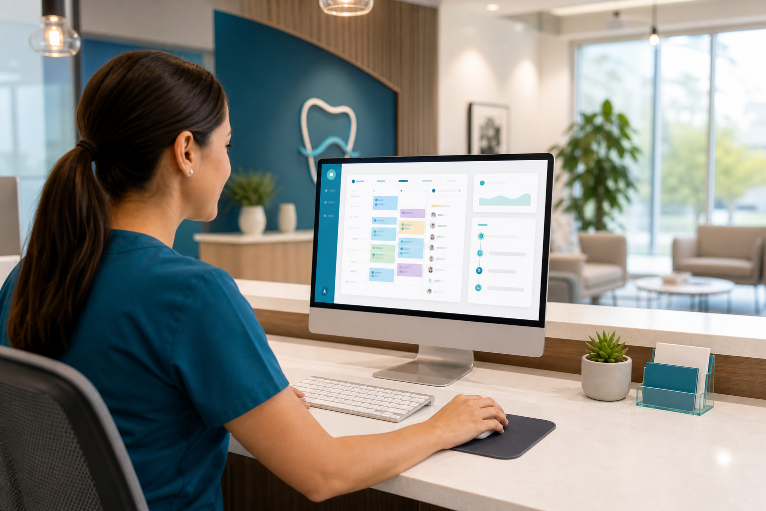 Dental front desk team reviewing a cloud-based recall dashboard in a modern office