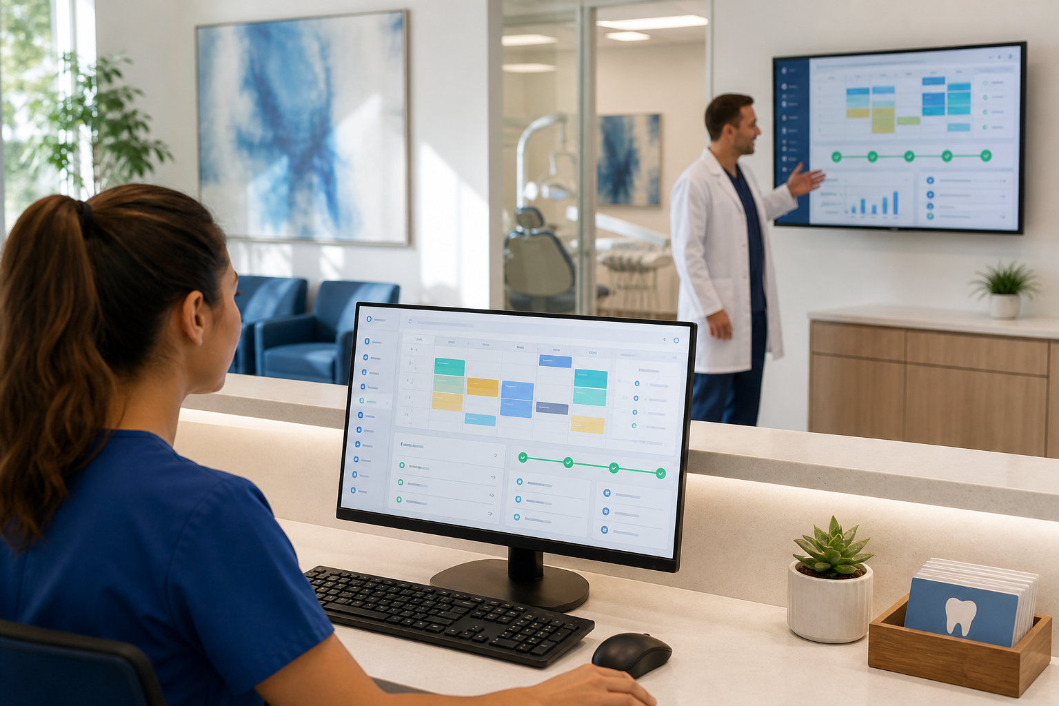 Dental front desk staff reviewing a cloud scheduling dashboard in a modern office