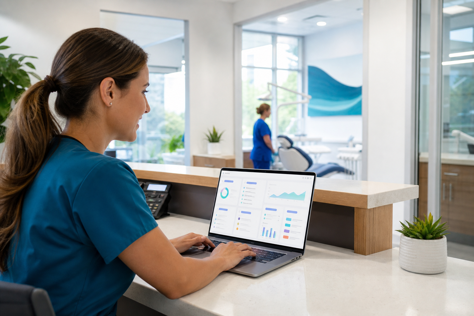 Dental office manager reviewing an unscheduled treatment follow-up dashboard on a laptop