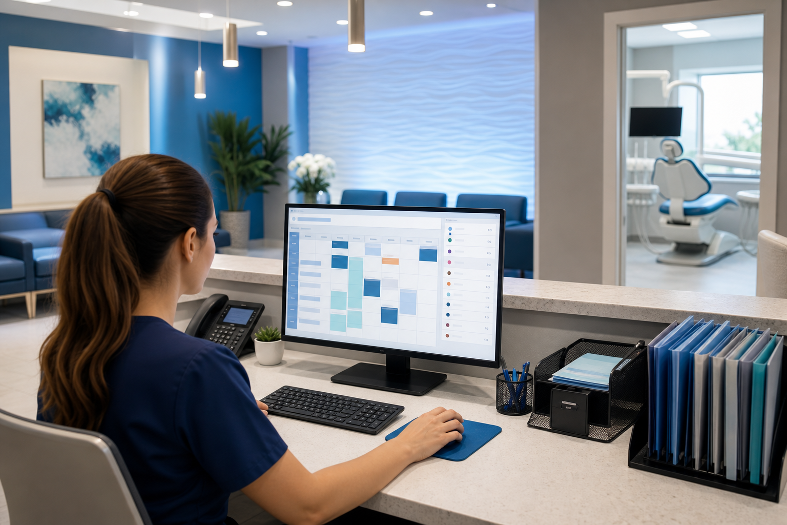 Dental front desk staff managing a digital waitlist on a modern scheduling screen