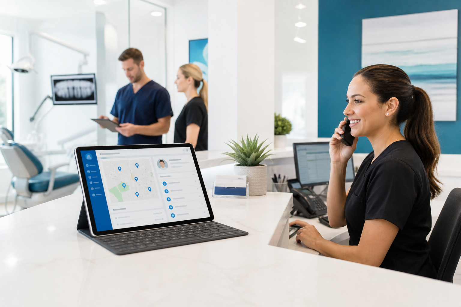 Modern dental office desk with laptop, team workspace, and blue teal accents