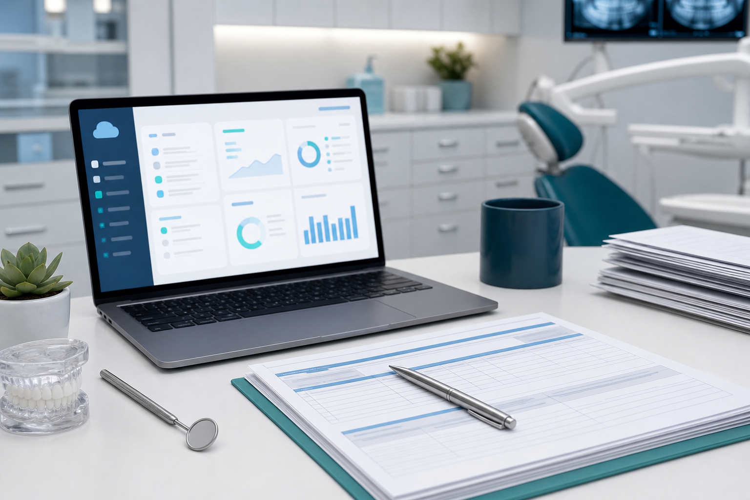 Modern dental office workspace with a laptop, claim documents, and cloud software dashboard in blue and teal tones