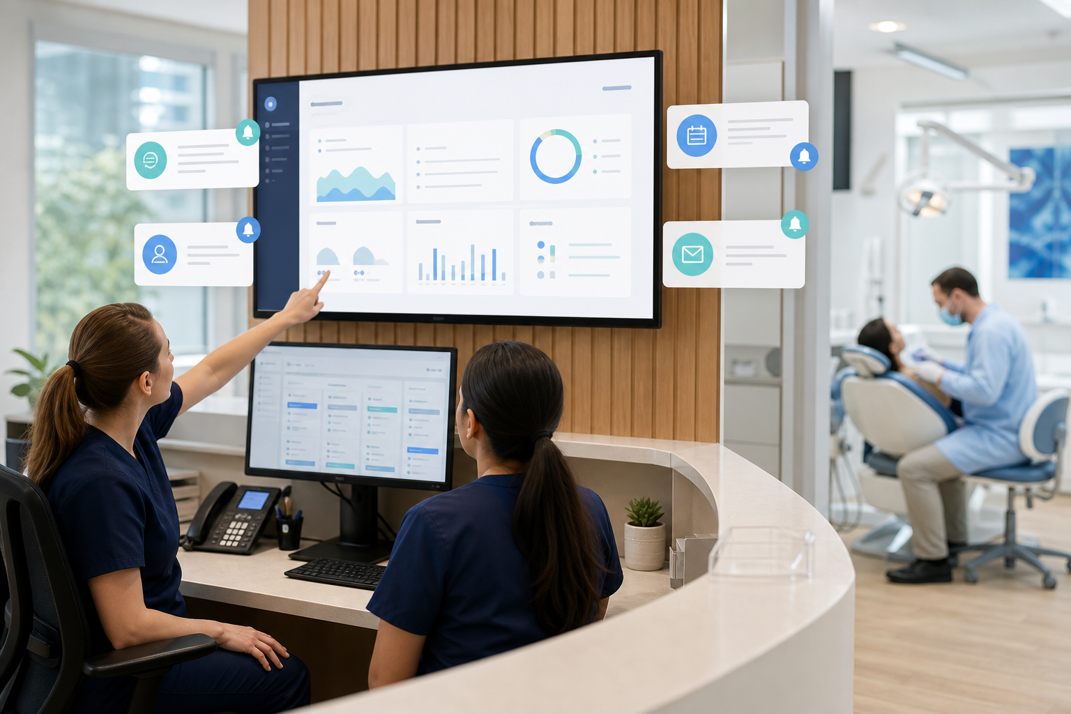 Modern dental front desk using cloud software with reminder alerts on a screen