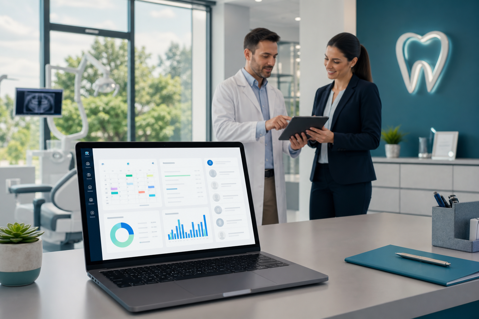 Modern dental office team reviewing cloud-based practice management software on a laptop