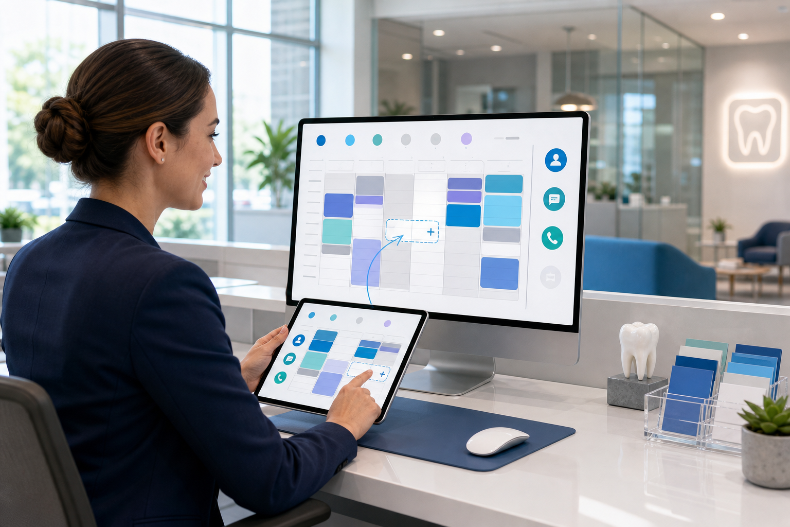 Dental office manager using scheduling software to fill a same-day appointment opening