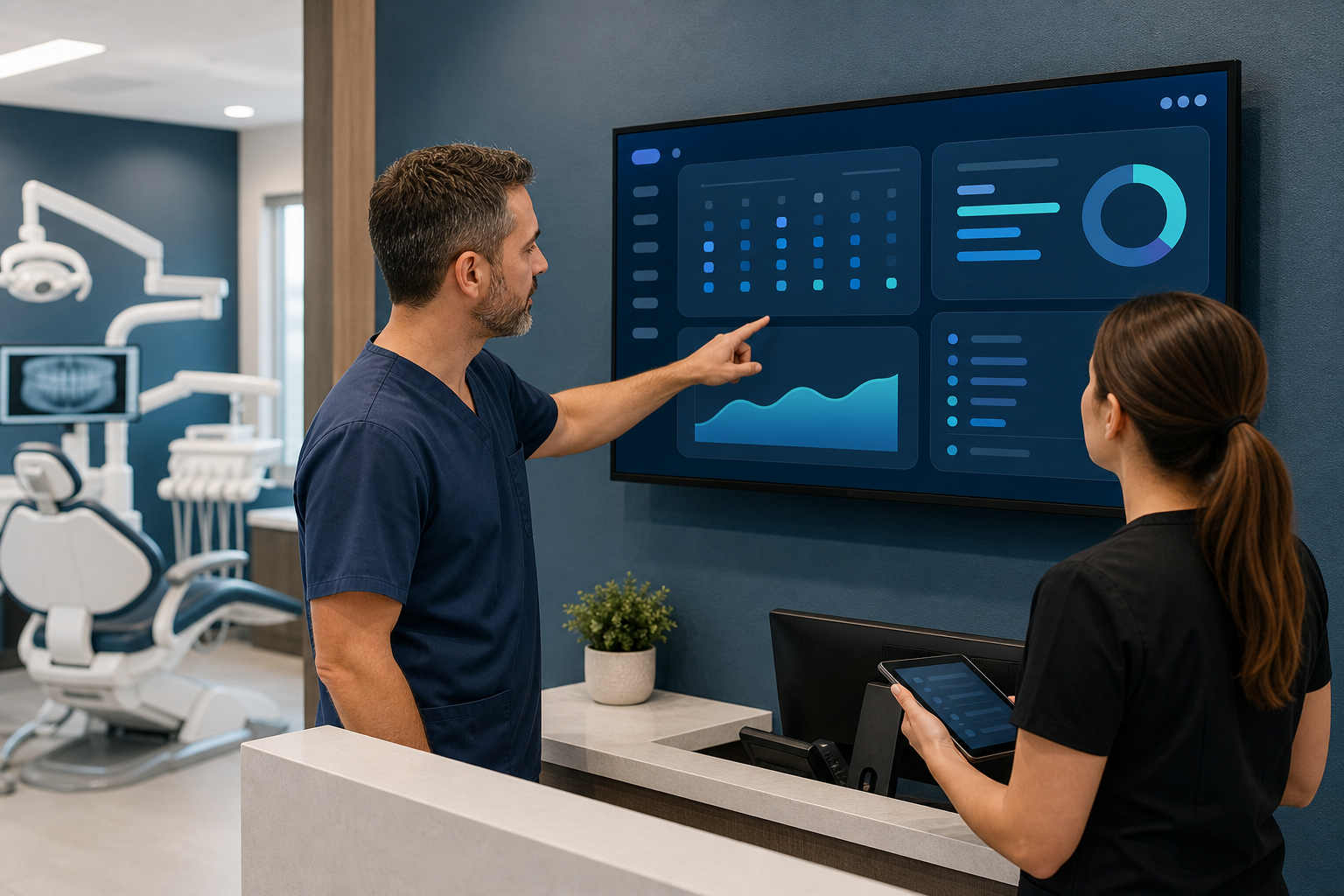 Dentist and front desk team reviewing treatment plans on a cloud software dashboard in a modern office
