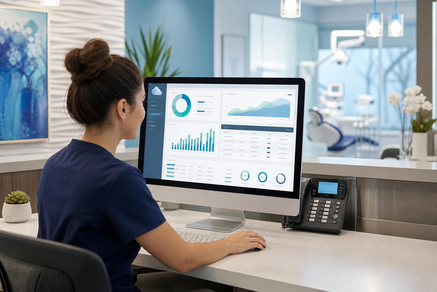 Front-desk staff reviewing insurance payment posting in a modern cloud dental software dashboard