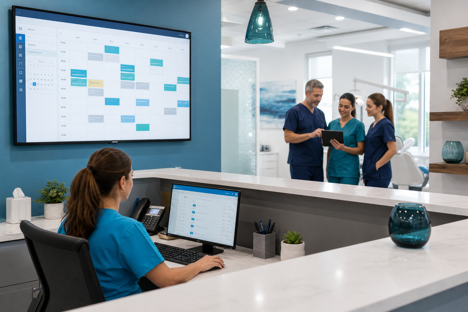 Modern dental office team reviewing a digital schedule dashboard with blue and teal accents