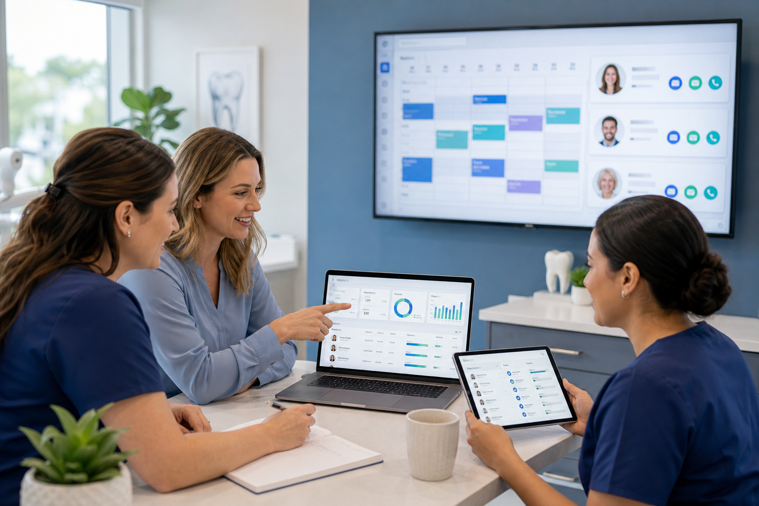 Dental team reviewing automated patient reactivation campaigns on a modern software dashboard