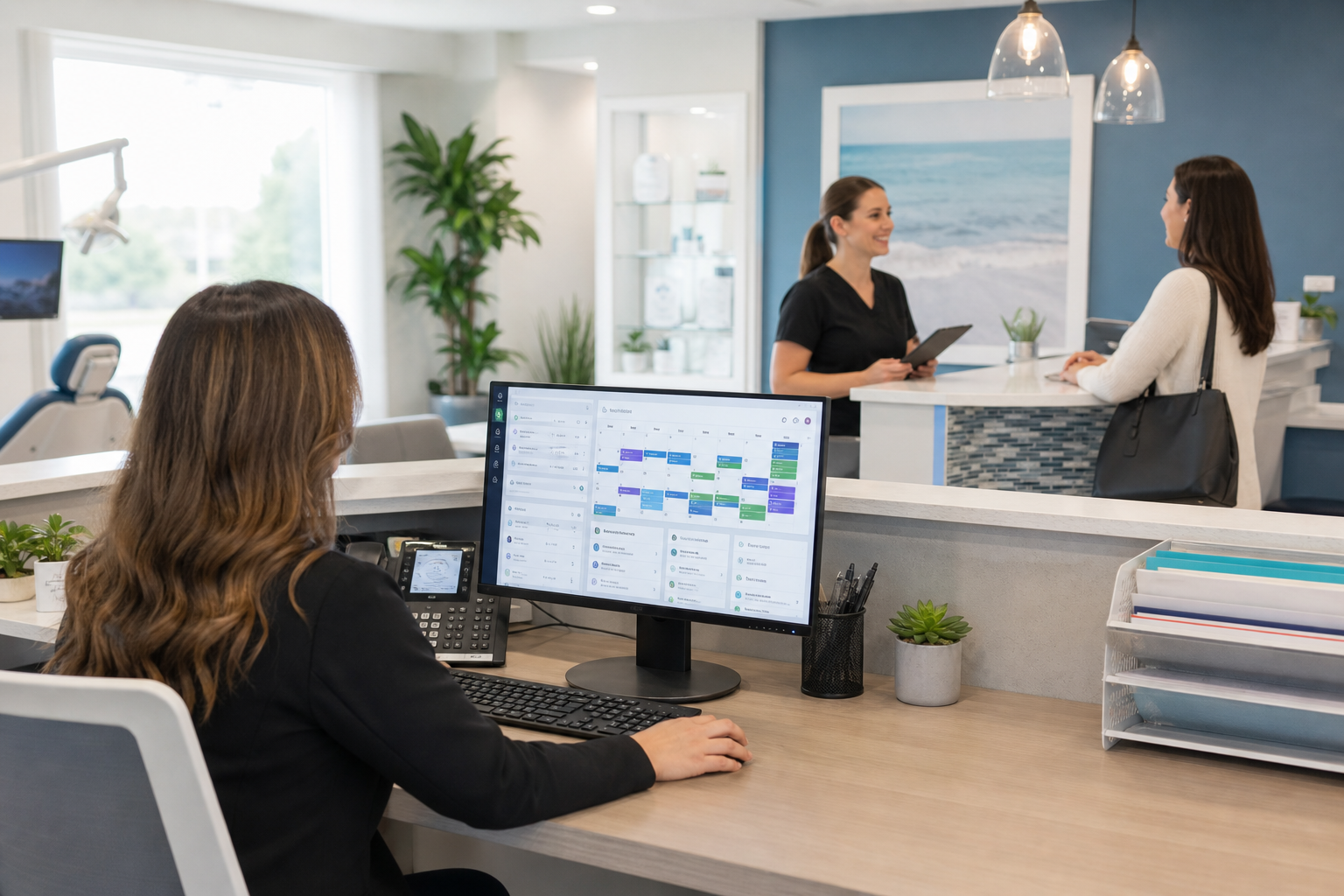 Front desk team using dental scheduling software with a reminder dashboard in a modern office