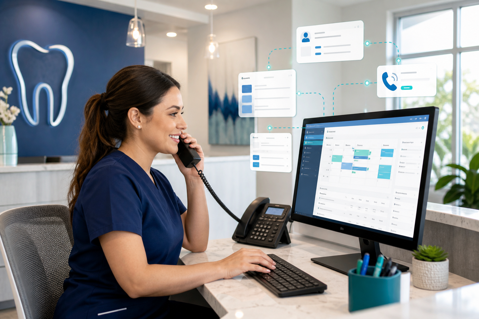 Dental office team member using software to manage calls and scheduling at the front desk