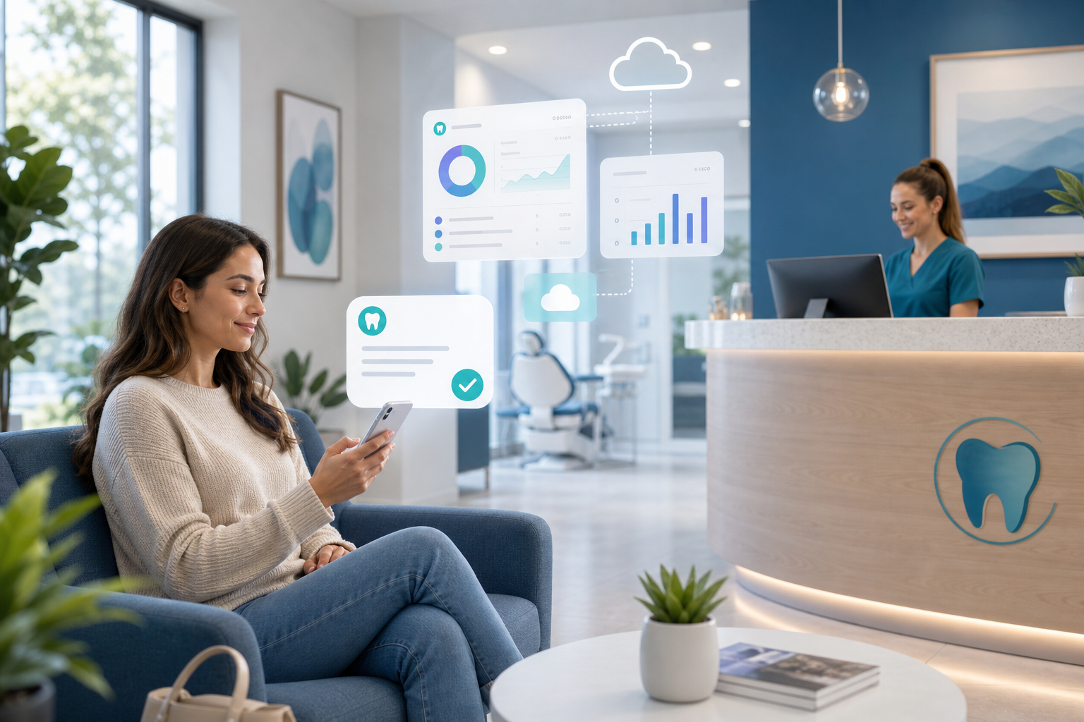 Modern dental office with a calm patient, front desk, and digital reminder workflow in blue and teal tones