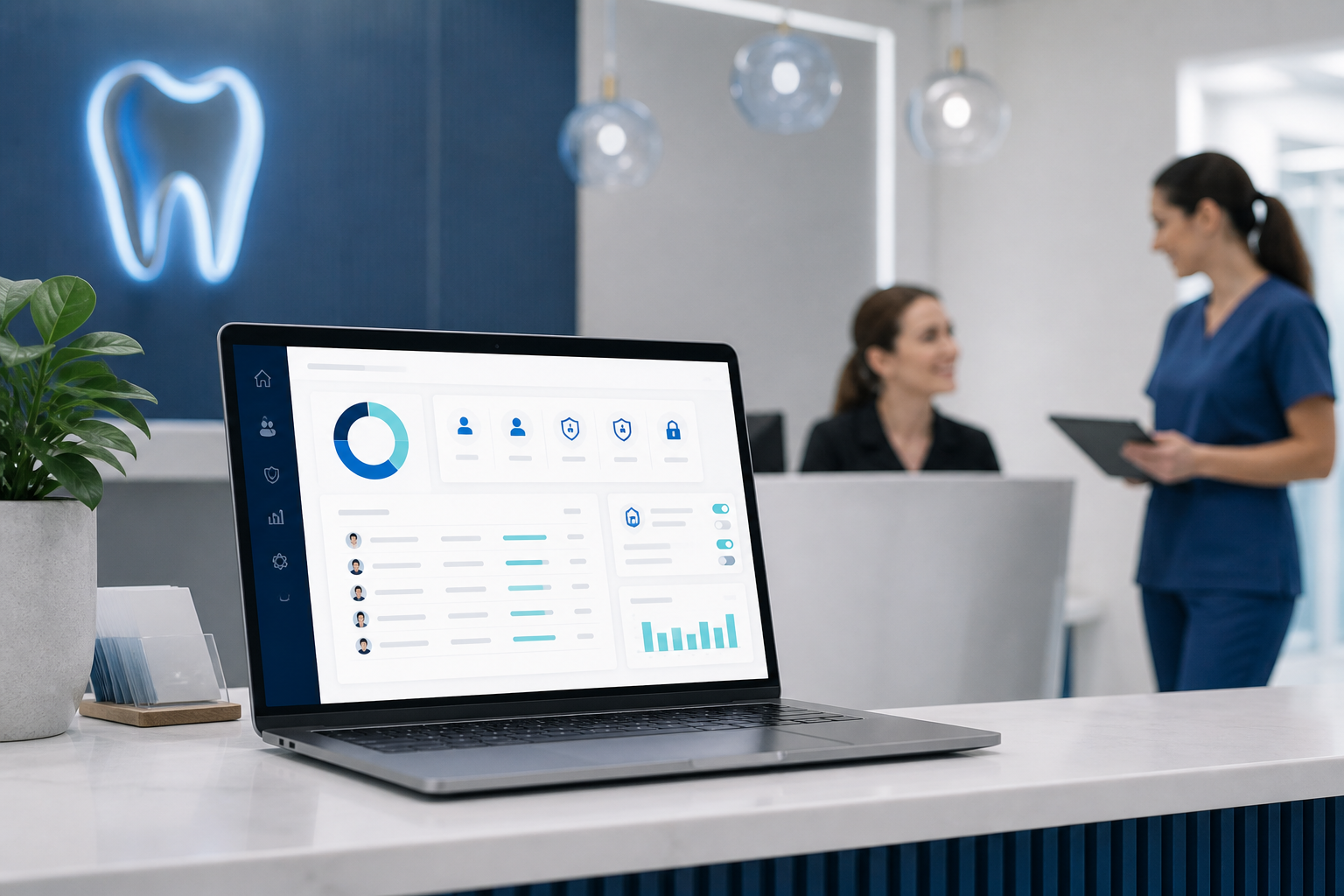 Modern dental office with a laptop displaying role-based access controls in software