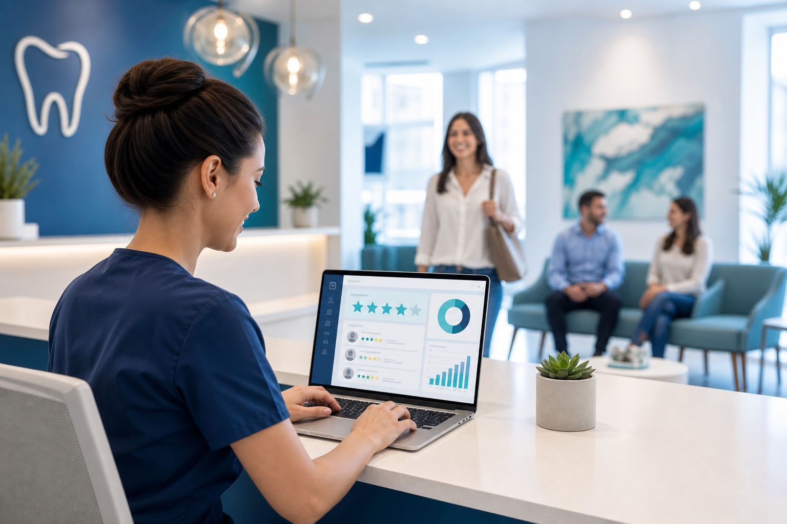 Modern dental office team reviewing patient feedback on a laptop in blue and teal tones