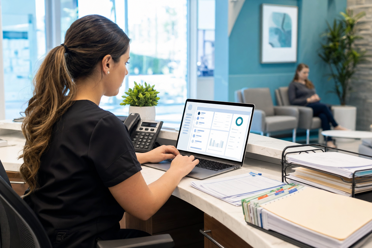 Dental front desk team member reviewing insurance benefits on a laptop in a modern clinic