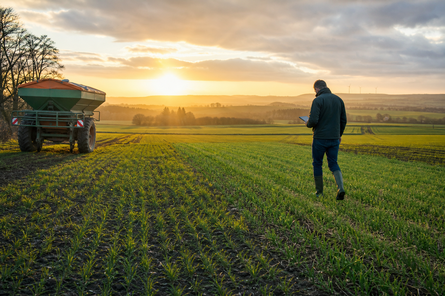 Farmer scouting wheat growth stages in an early spring field before nitrogen topdress