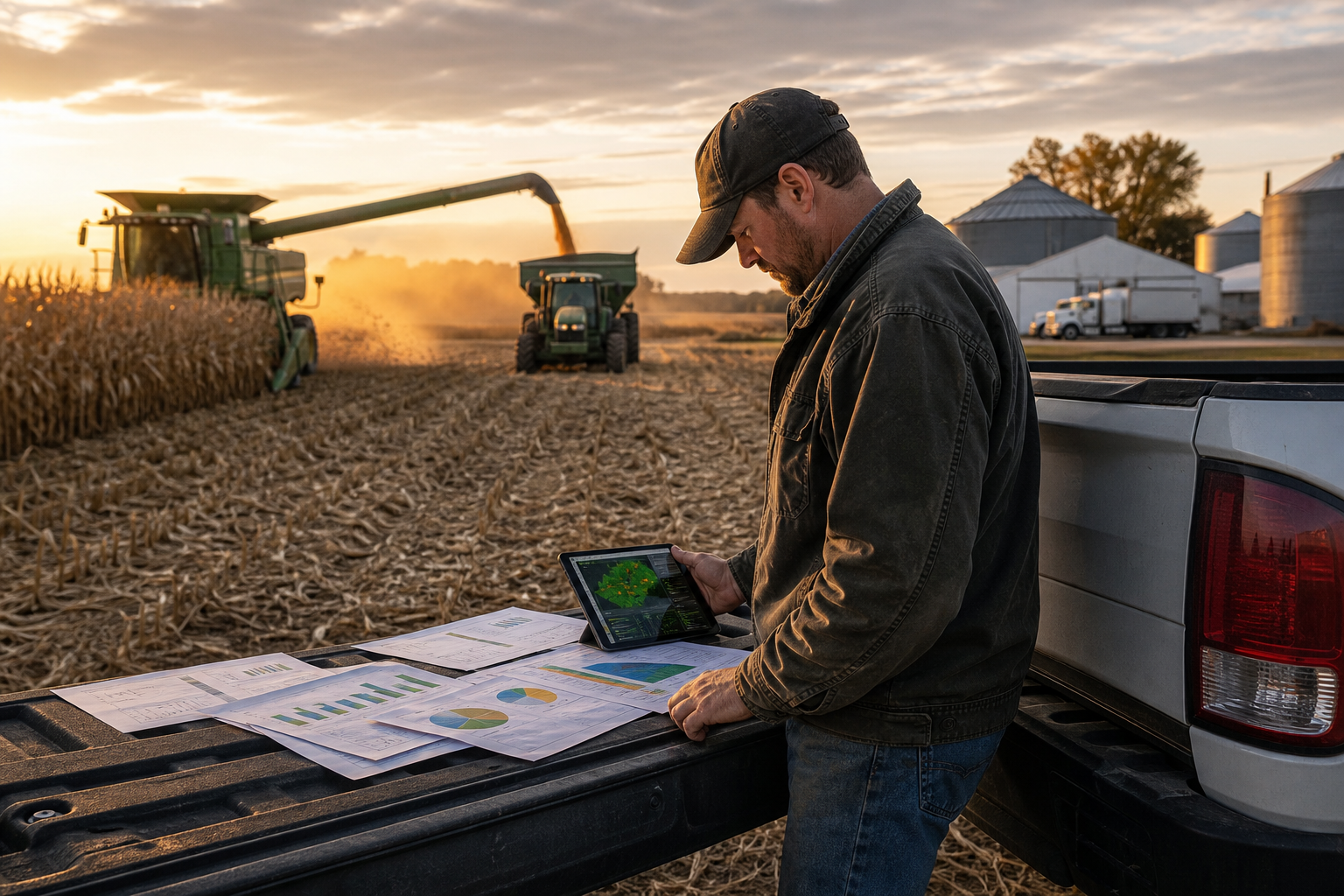Farmer reviewing harvest cash flow and grain sale plans beside a field at sunset