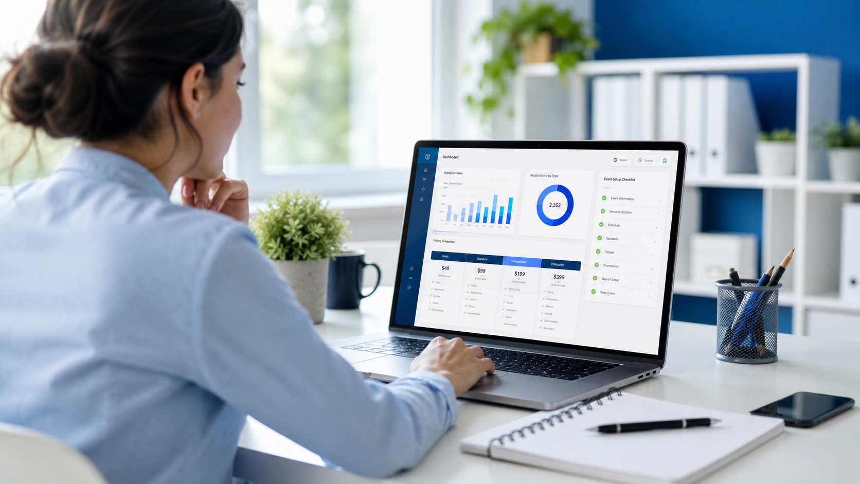 Event professional comparing event management software dashboards, pricing sheets, and feature checklists on a laptop in a modern office