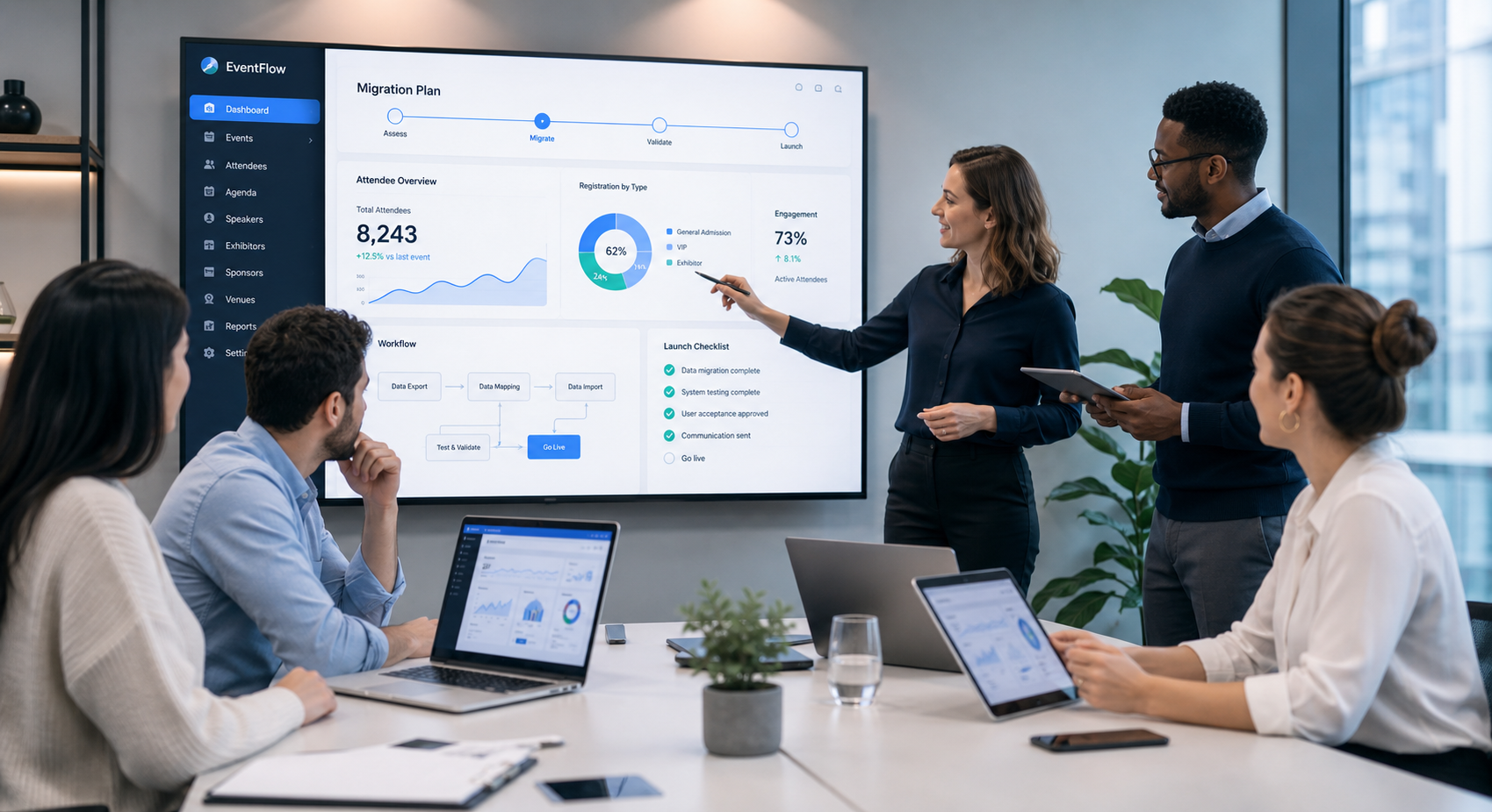 Professional event operations team planning an event software migration on laptops with attendee data dashboards and workflow charts
