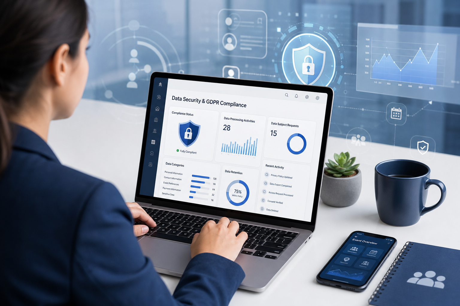 Event organizer reviewing attendee data security and GDPR compliance settings in event management software dashboard